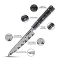 Epokishi petty knife feature infographic highlighting AUS-10 Damascus and handle details.