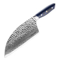 A Kanpeki Cleaver Chef's knife, with a hammered damascus blade, G10 blue & black handle on a white background