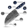 Detailed view of a Kanpeki cleaver knife with labeled infographic features on a white background