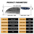Product parameters of a Kanpkei cleaver knife with detailed measurements and material information.