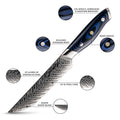 Detailed view of a Kanpeki Damascus steel Steak knife with labeled infographic features on a white background