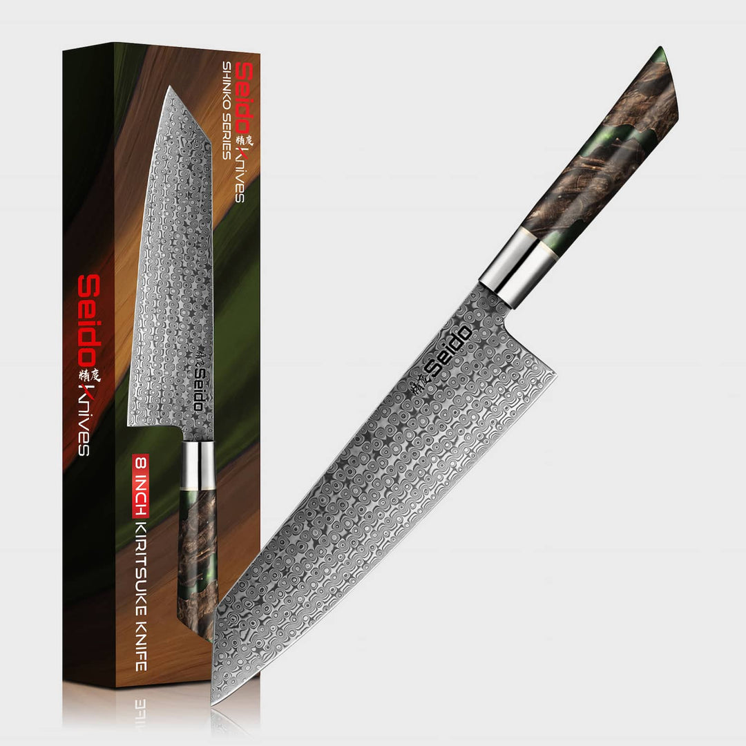 Seido knives Shinko Series Kiritsuke knife next to its giftbox packaging on a white background.