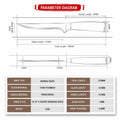 Technical diagram of a boning knife with dimensions and material details.