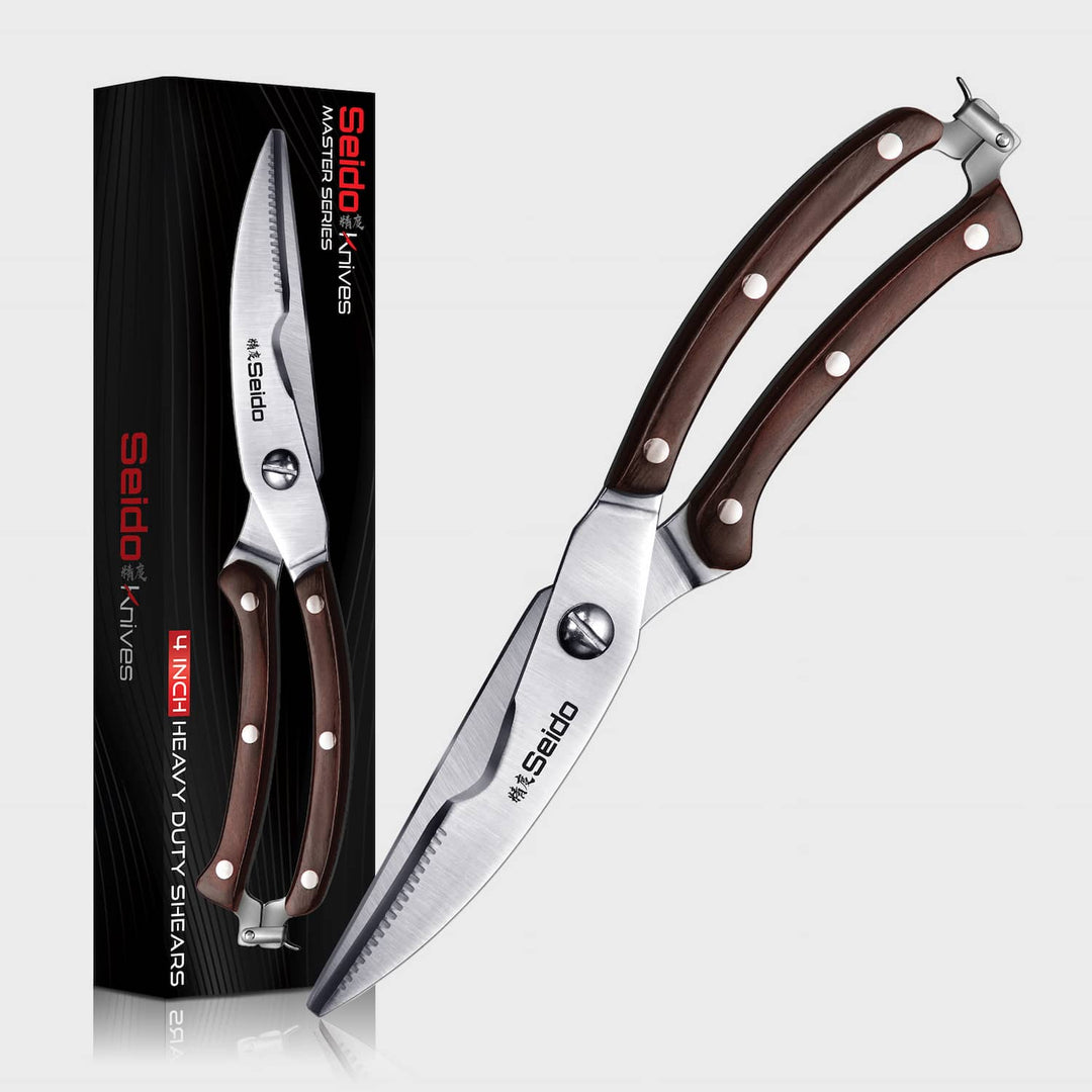 Seido Master Series Heavy-duty kitchen shears with brown handles and a gift box packaging, on a white background 