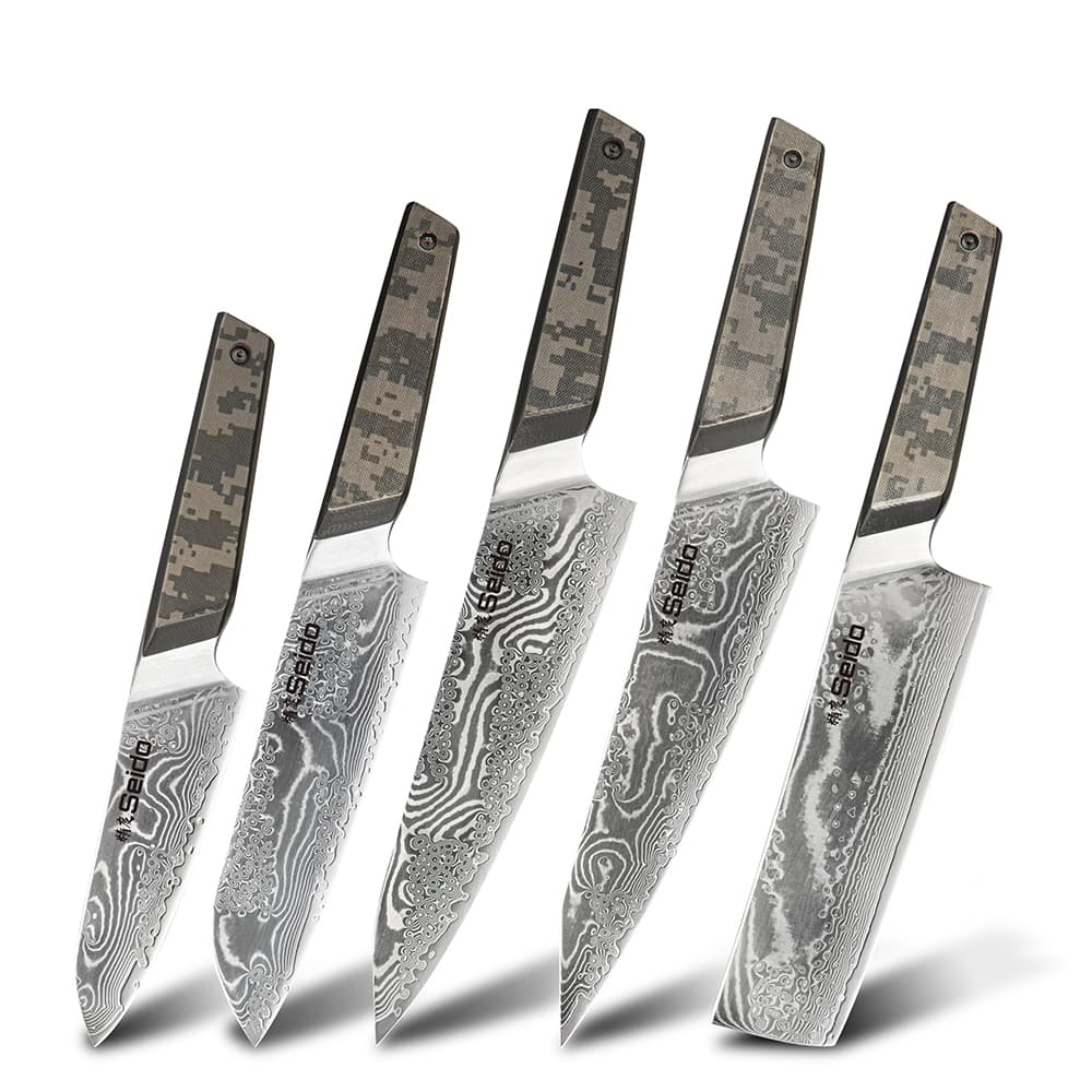 5-Piece Camouflauge Meisai Damascus knfie set white bg