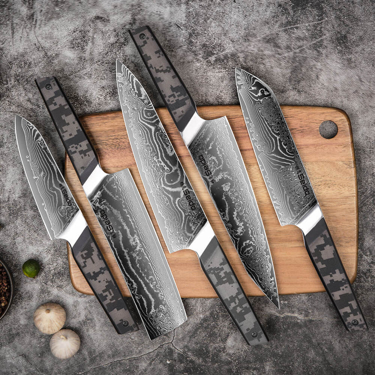5 Pieces Damascus steel Hammered kitchen knife set, Custom made hand forged  Damascus steel full tang blade, Overall 36 inches Length of Hammered