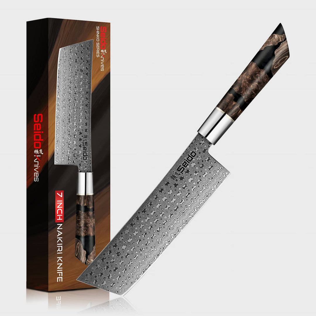 Shinko Series Nakiri knife with signature storage gift box packaging on a light gray background.