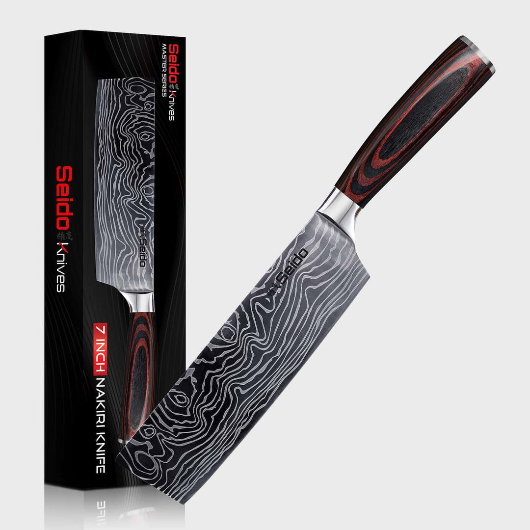 Seido Nakiri knife with packaging on a white background
