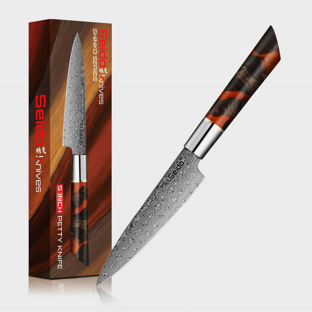 Shinko 5-inch petty knife with Seido Knives gift box packaging on a white background.