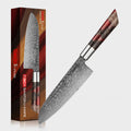 Shinko series Santoku knife with wooden handle next to its packaging on a white background