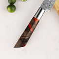 Stabilized maple and resin handle close-up on Shinko petty knife.