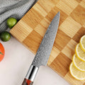110-layer AUS-10 & VG-10 Damascus blade close-up on Shinko petty knife on a wooden cutting board with fruits.