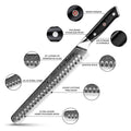 Shuin serrated knife detailed diagram with labeled features on a white background.