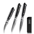 Set of 3 shujin series paring knives with black handles a sheath, on a white background.