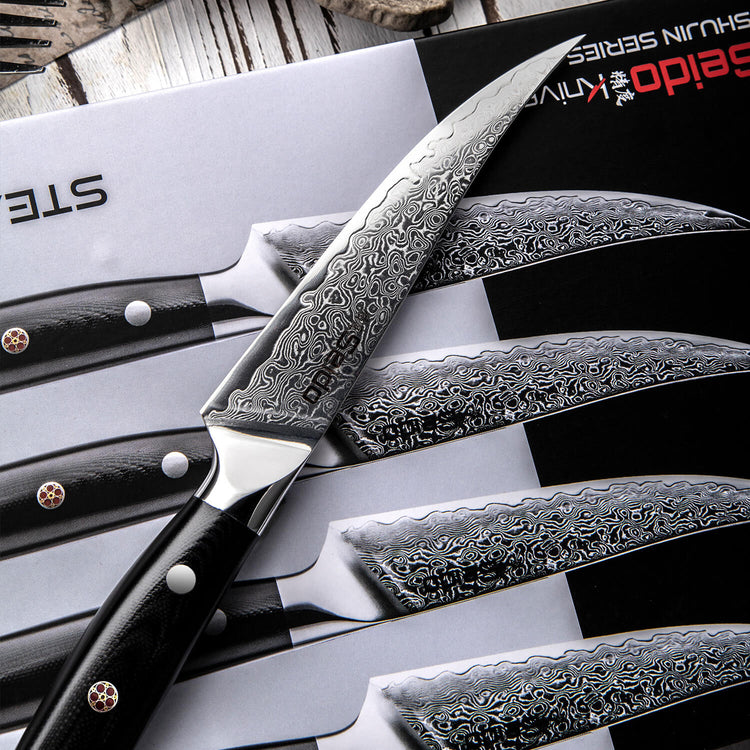 Shujin Damascus 4 & 8-Piece Steak Knives | Seido Knives