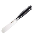Serated spreader for smoothly spreading cheese; with black handle and stainless blade on a white background.