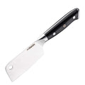 Mini cheese cleaver with a black handle and stainless blade on a white background.