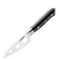 Soft-cheese knife with anti-stick holes and forked tip lifting a slice.