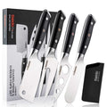 Set of 4 charcuterie tools, with black G10 handles and a sheath, displayed in front of their packaging.