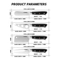 Product parameters for the 4 charcuteries knives; a technical diagram with per-tool dimensions, weights, and sheaths on a white background.

