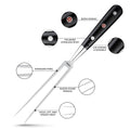 Grill meat fork with labeled features on a white background