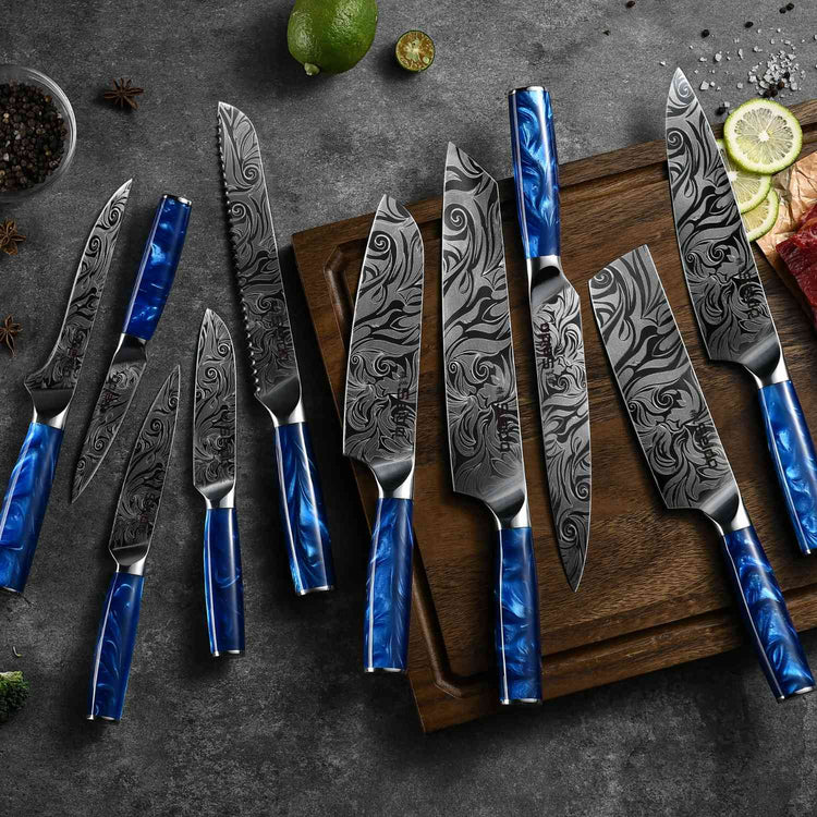 Tengoku 10-Piece Blue Damascus Chef Knife Set | Seido Knives