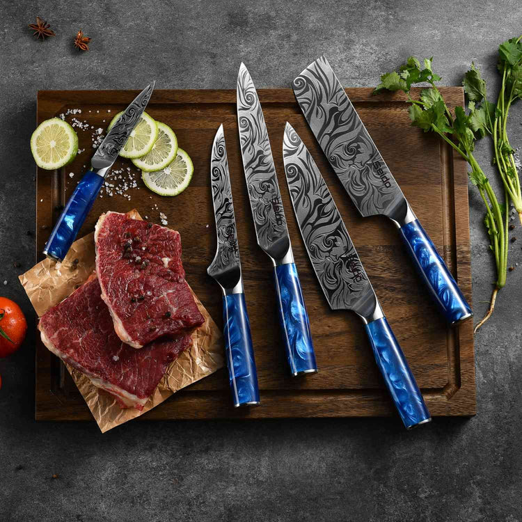 Tengoku 10-Piece Blue Damascus Chef Knife Set | Seido Knives