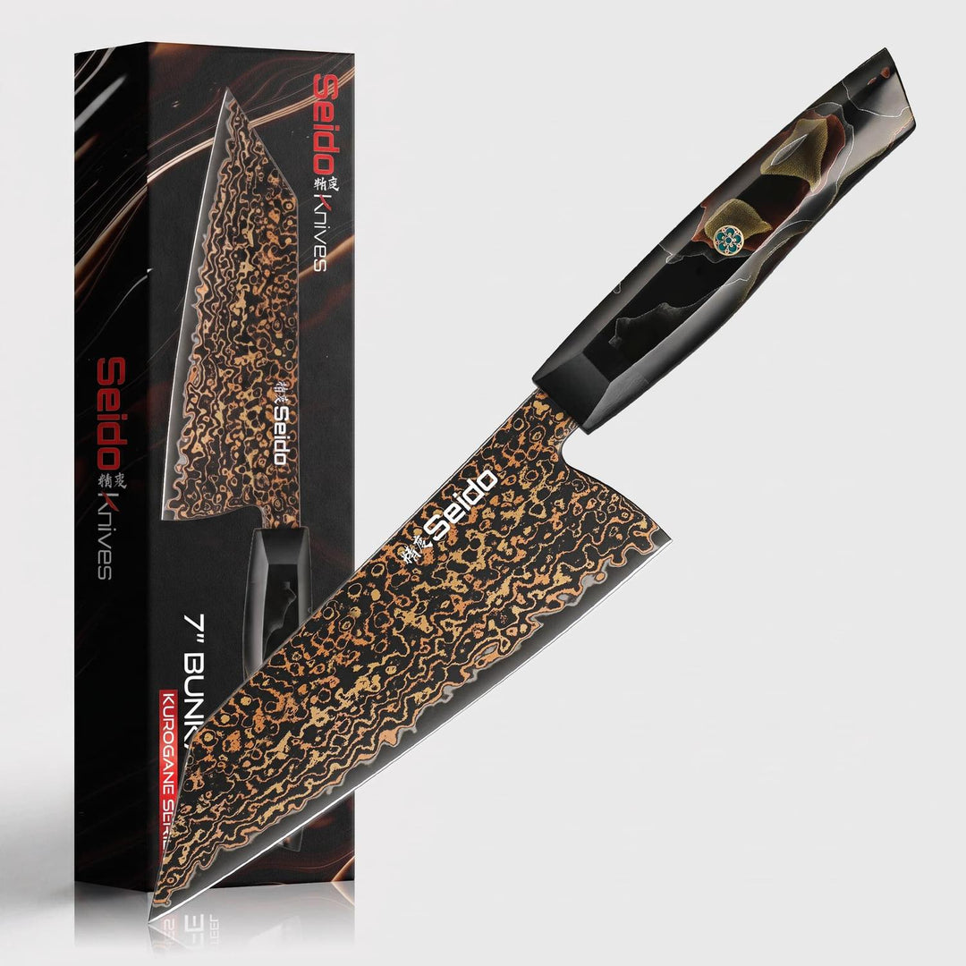 Kurogane 7-inch Bunka knife displayed with Seido Kurogane Series presentation packaging