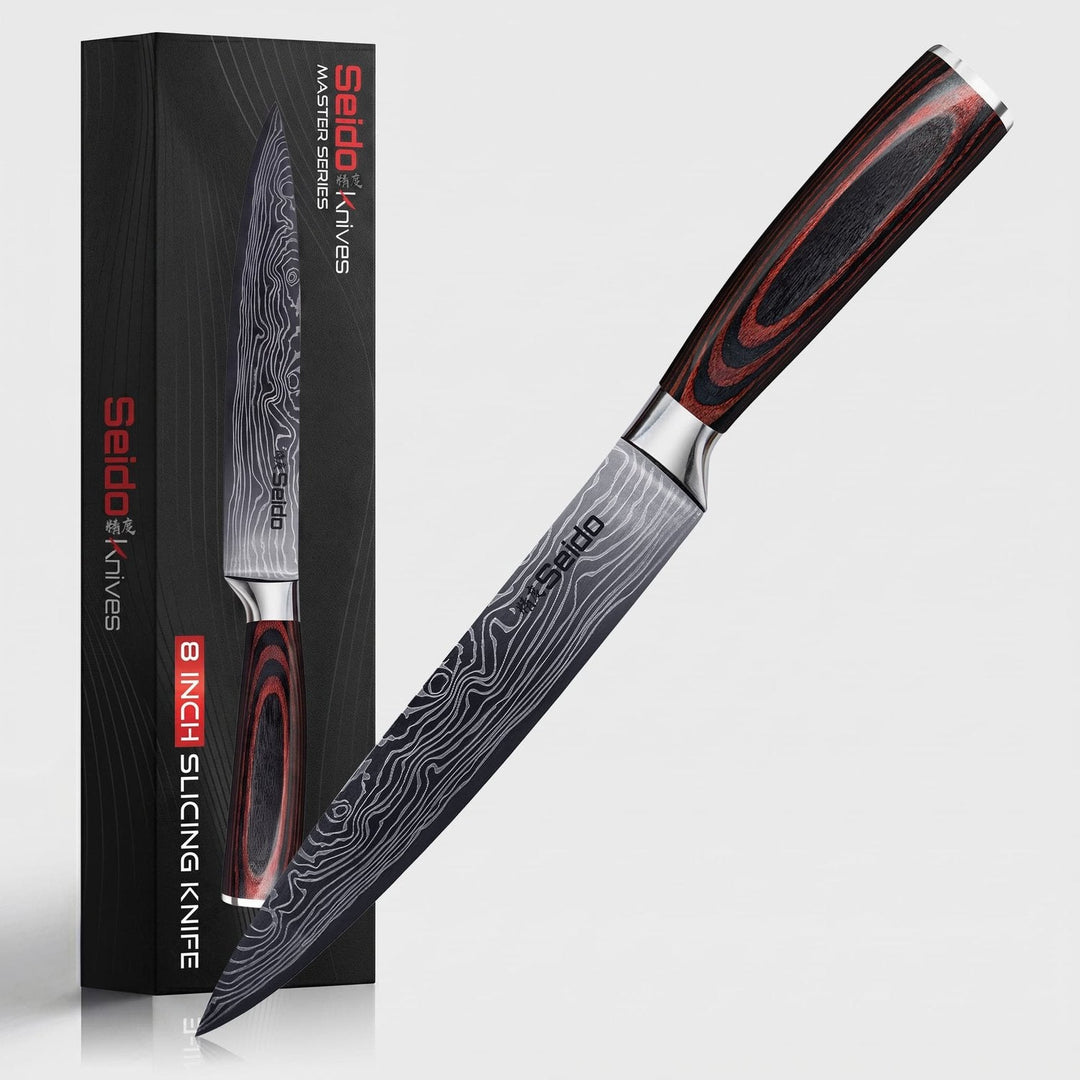 Master 8-inch slicing knife displayed with Seido Master Series presentation packaging