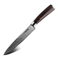 Master 8-inch slicing knife with Damascus-patterned blade and red-black pakkawood handle on white background