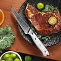 Takoizu serrated steak knife presented beside a cooked steak