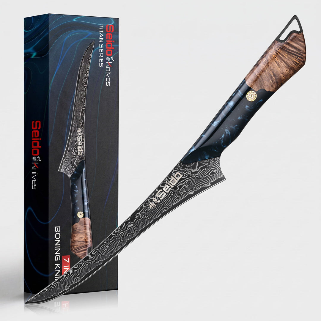 Titan 7-inch Boning Knife displayed with its Titan Series retail box