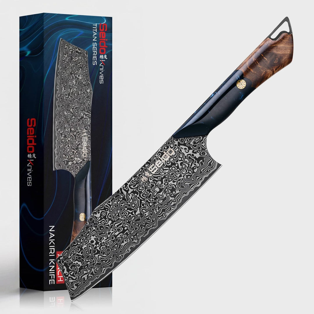 Titan 7-inch Nakiri knife displayed with its Titan Series retail box