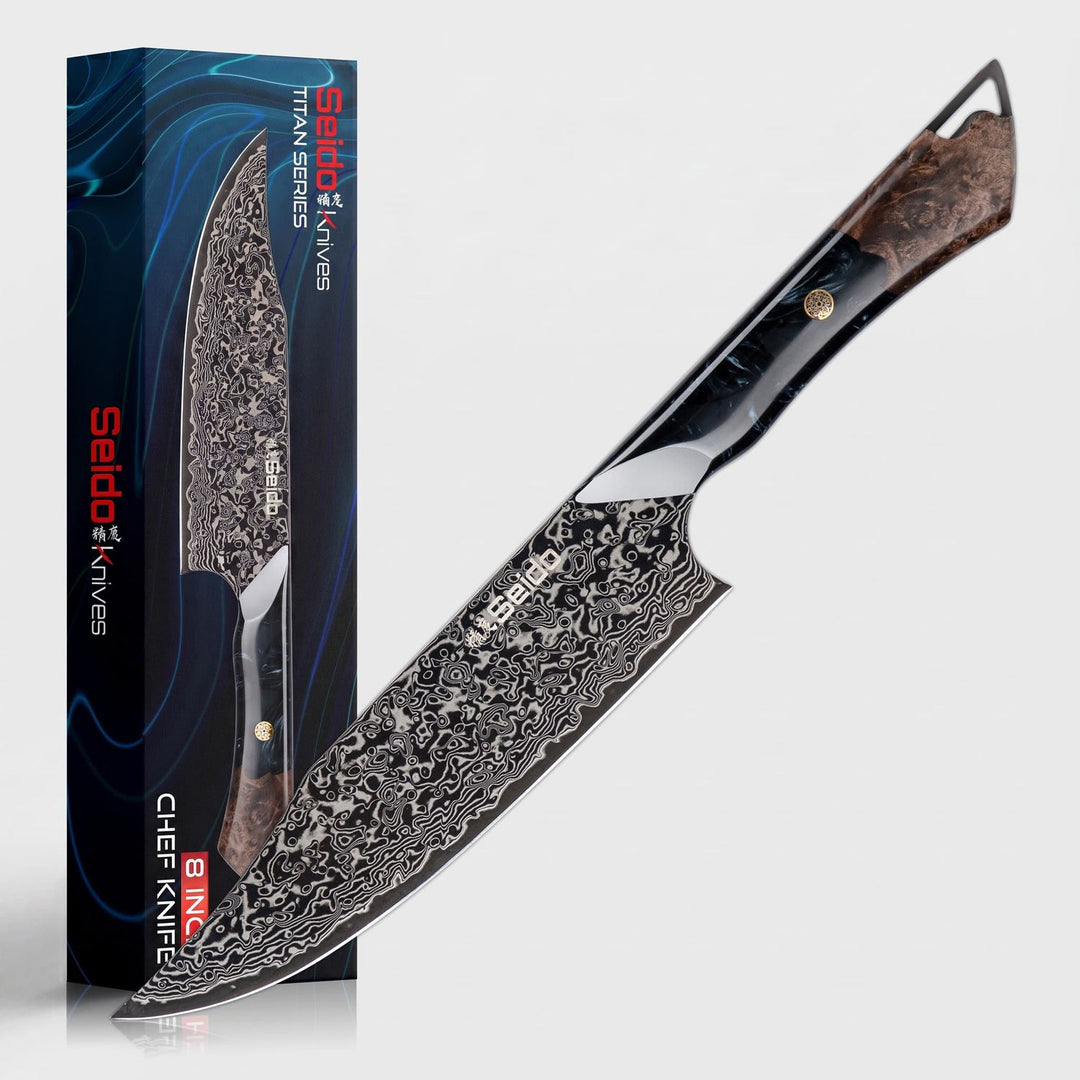 Titan 8-inch Gyuto chef knife displayed with its Titan Series retail box