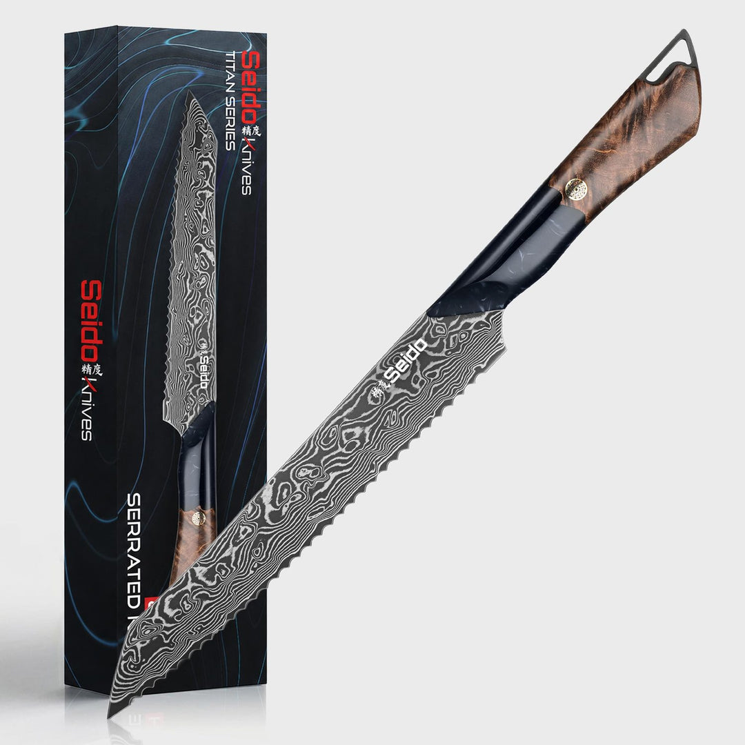 Titan 8-inch Serrated Knife with Titan Series retail packaging