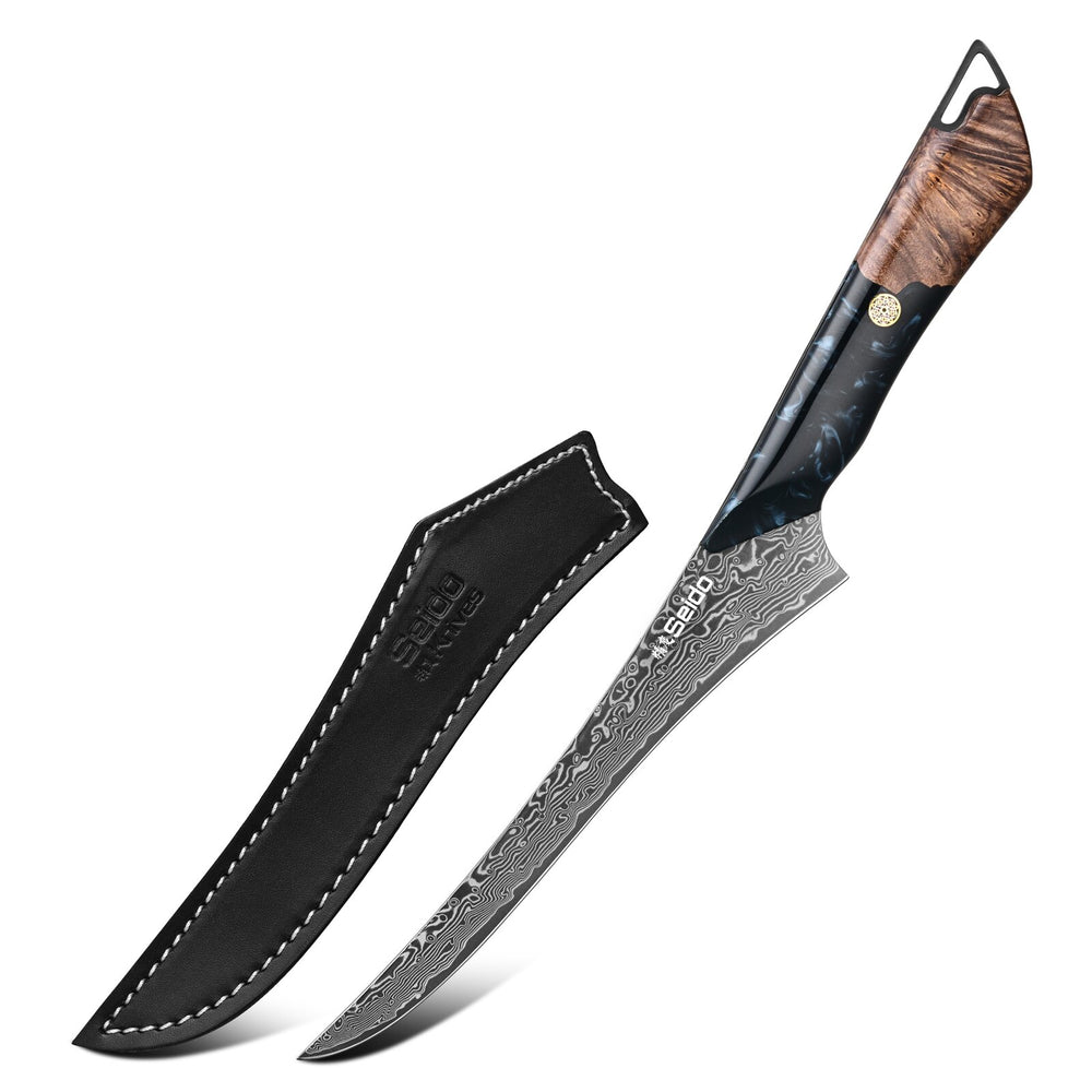 Titan 7-inch Boning Knife and black leather sheath on white
