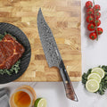 Overhead view of the Titan Gyuto chef knife and fresh ingredients
