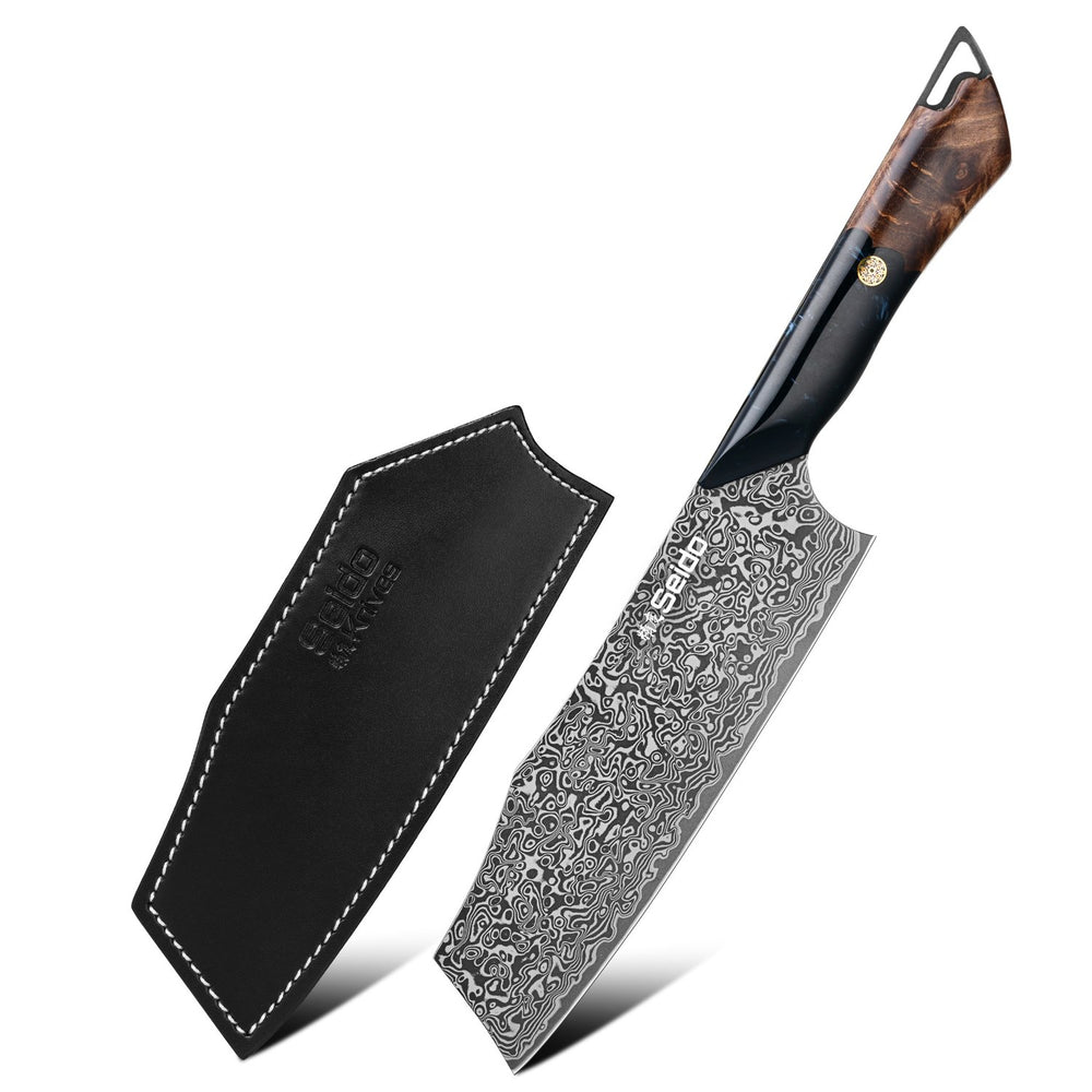 Titan 7-inch Nakiri knife with black leather sheath