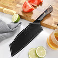 Titan Nakiri knife and black leather sheath in a kitchen setting