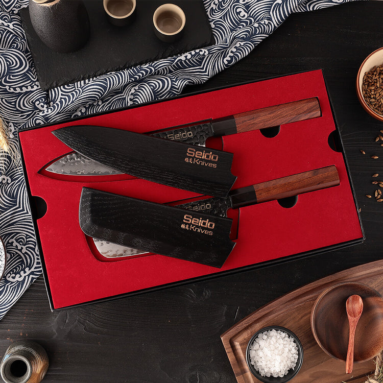  Seido Knives Hageshi AUS10 Set of 5 Knives with Carbon Magnetic  Knife Covers Ergonomic Handle Made by Ebony Wood Full Tang: Home & Kitchen
