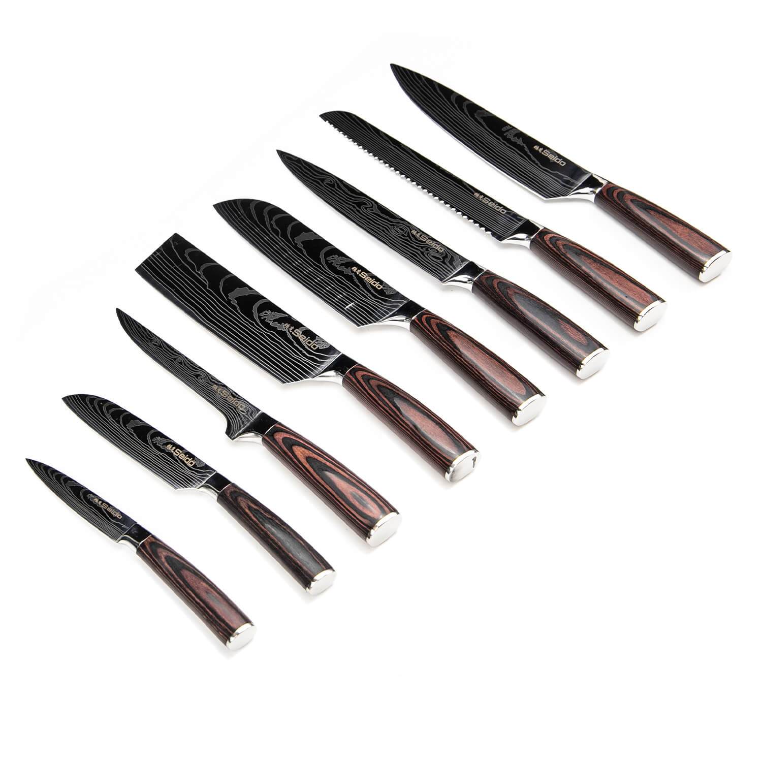 8-pc stainless steel kitchen knife set comes with an 8" Chef knife, 8" Slicing Knife, 8" Bread knife, 7" Santoku Knife, 7" Cleaver Knife, 6" Boning Knife, 5" Santoku Knife and a 3.5" paring knife.