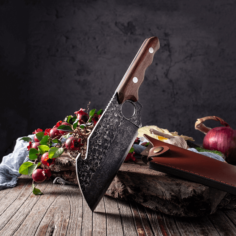 Behold the Kemono Cleaver Knife from seido knives, elegantly positioned on a wooden table.