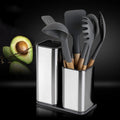 A stainless steel utensil holder with an avocado, placed in the Seido Knives' knife block and storage.