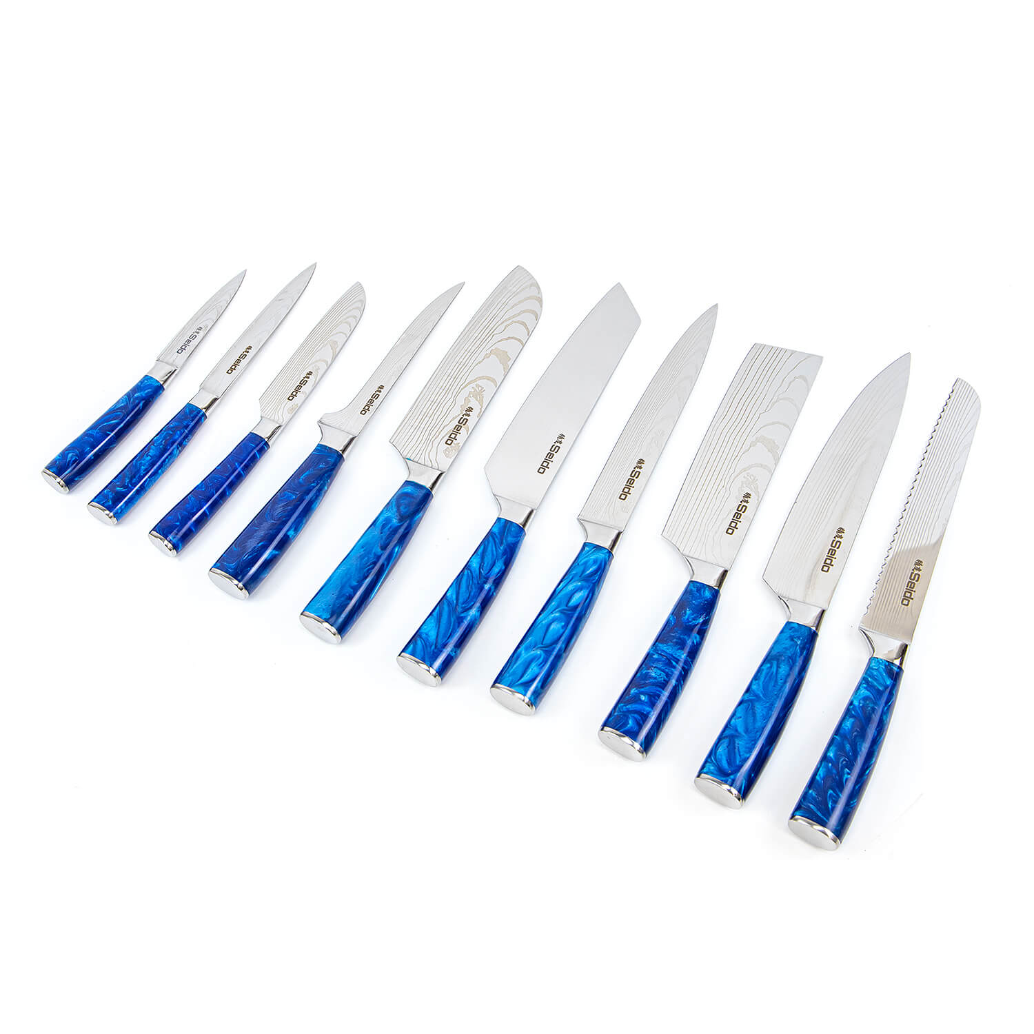 The Tengoku Chef Knife Set by Seido Knives features ten knives with sleek blue handles and shown on a white background.