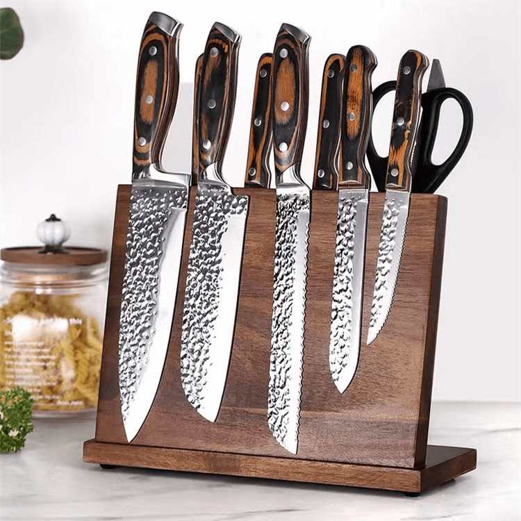 A sleek magnetic wooden knife block from Seido Knives, showcasing six sharp and stylish knives.