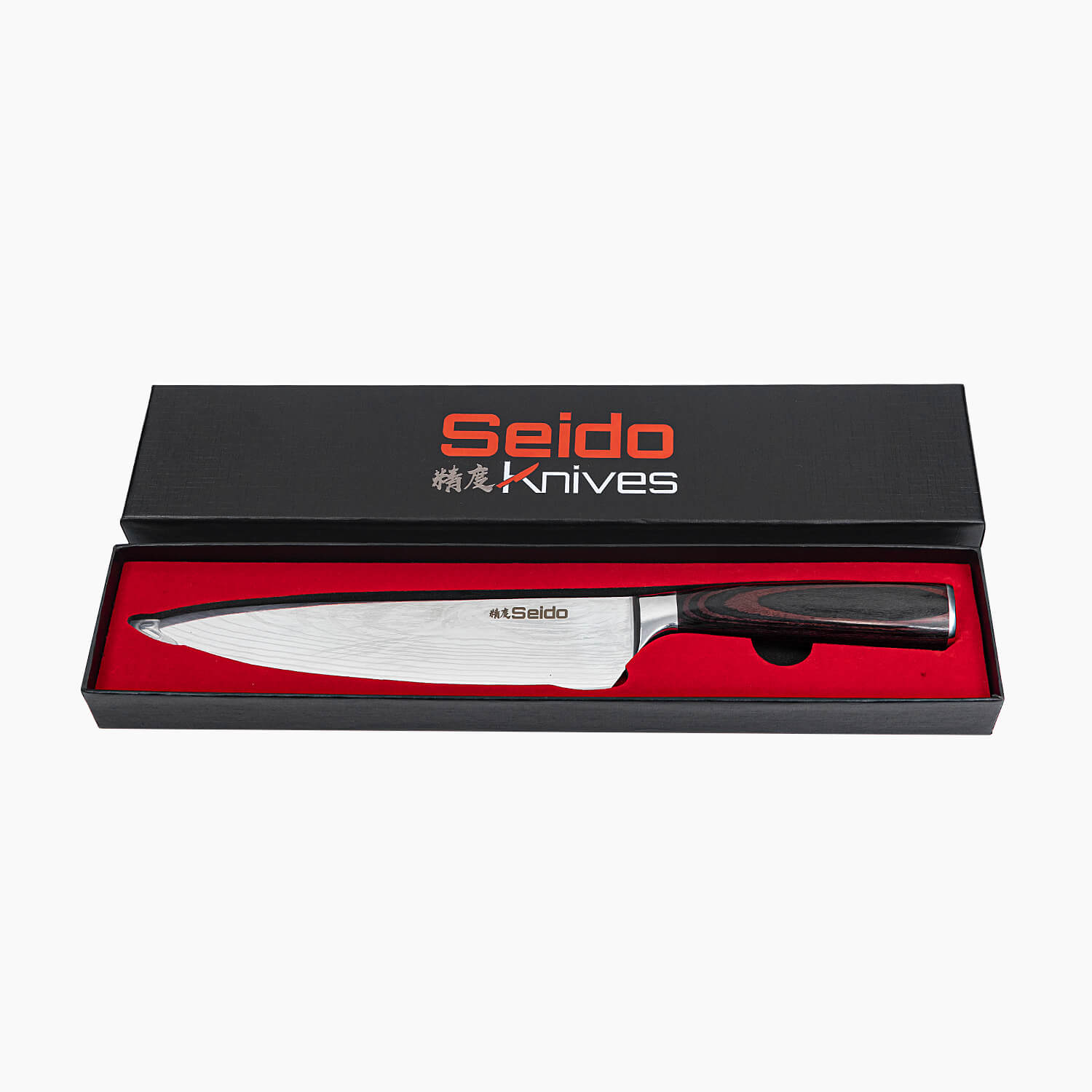 A sleek Japanese Master Chef Knife from Seido Knives, elegantly presented in a black box with vibrant red packaging.