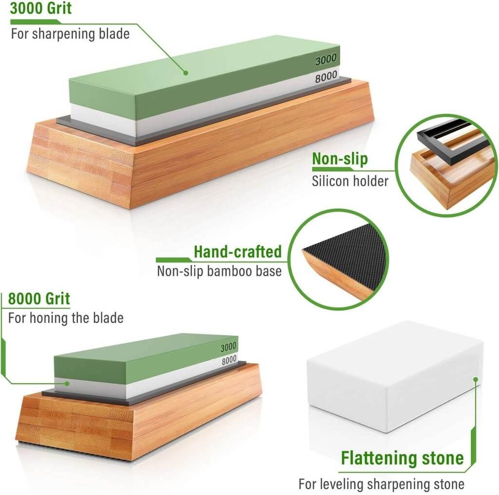 A guide to using different types of stone for sharpening knives: 3000/8000 Grit Whetstone Combo.